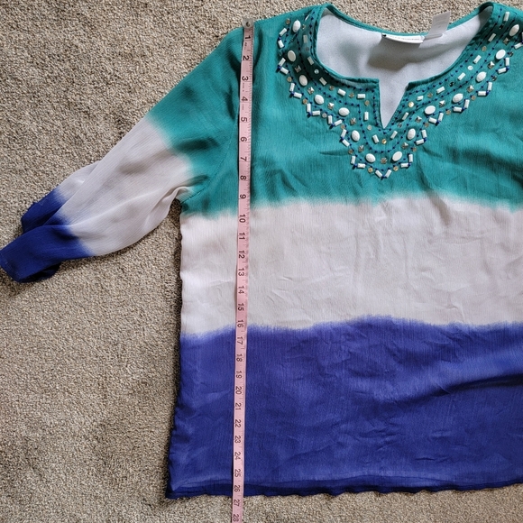 Alfred Dunner Colorblock Blouse Embellished Beaded Neck Blue Green White Size 14 - Picture 10 of 10